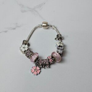 Sterling Silver 925 Pink/White Beaded Charm Bracelet 31.6 Grams